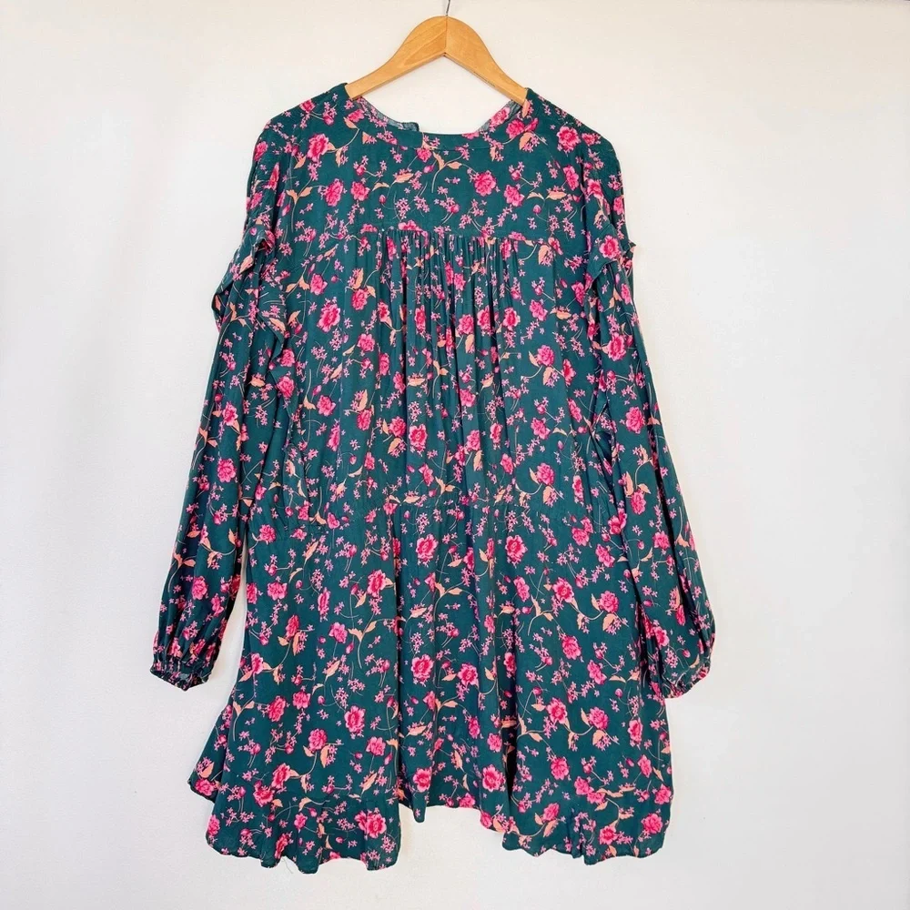 Free People Flower Fields Mini Dress Green Floral Boho Long Sleeve Sz M Flowy